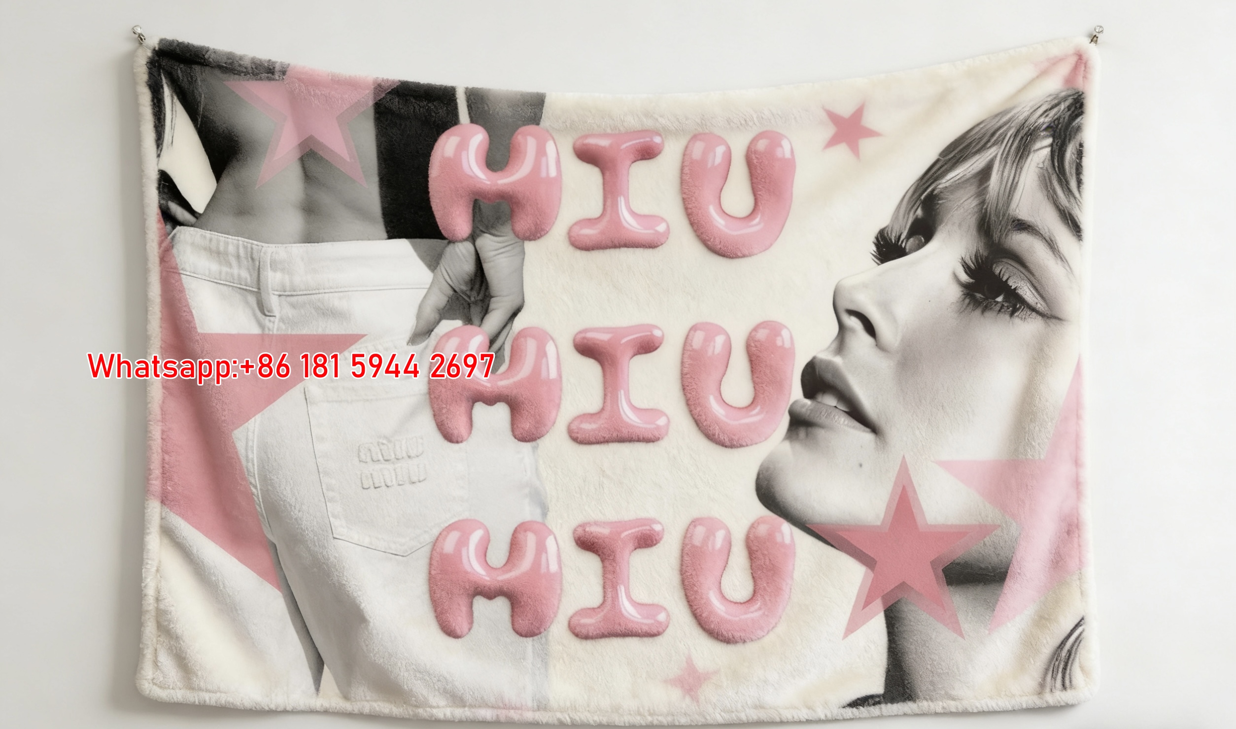 Miu Miu Pink 3D Bubble Letter & Star Print Flannel Sofa Throw Blanket IMG_0622